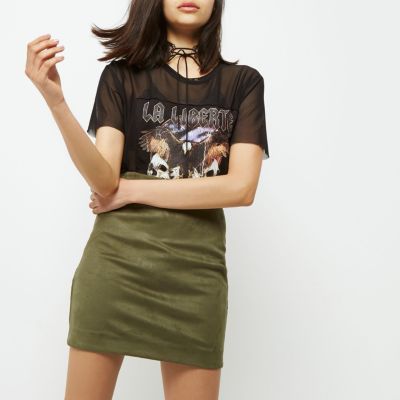 Khaki faux suede mini skirt